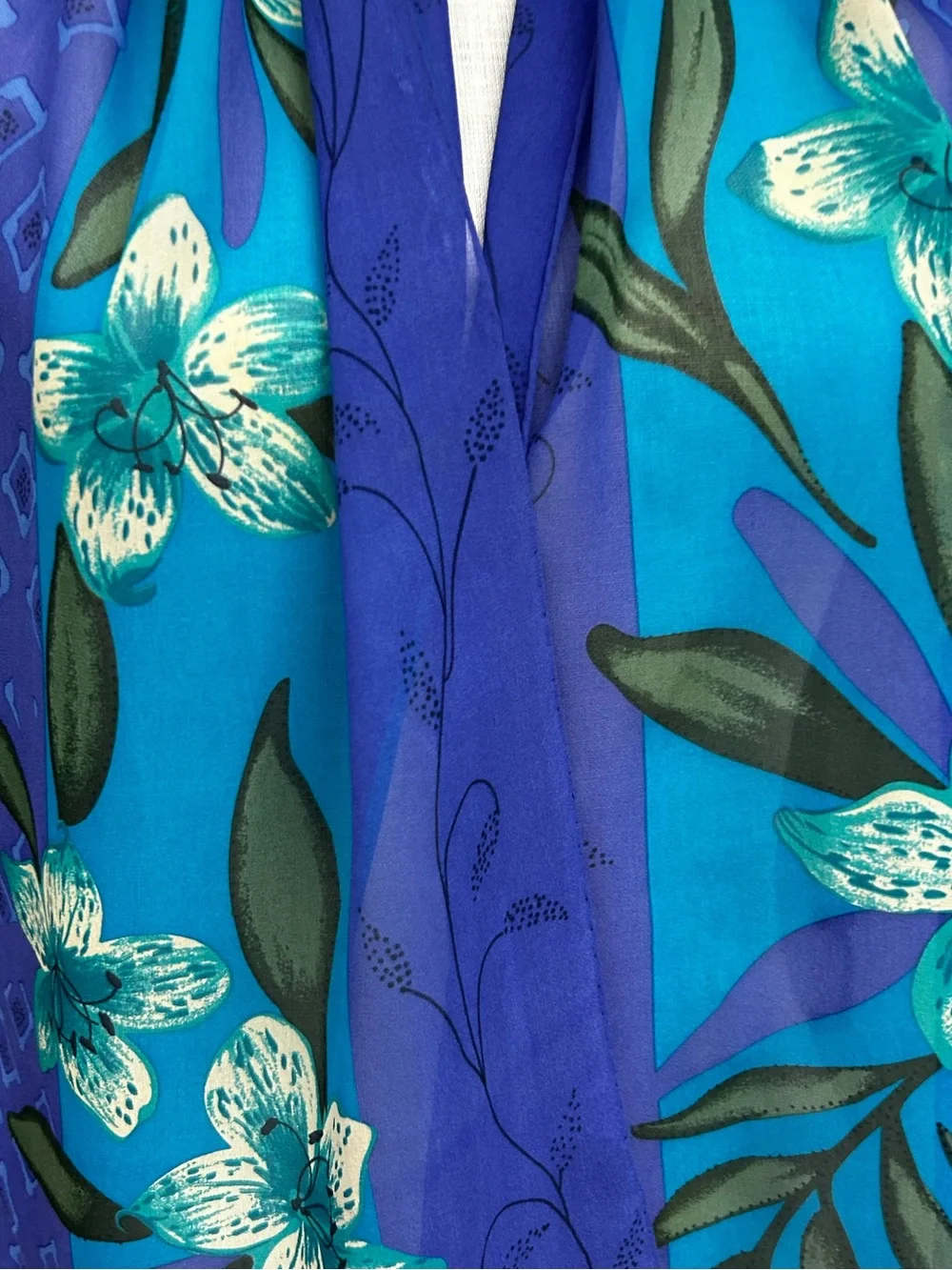 Vintage Silk Floral Oblong Scarf Blue Purple Tropical Flower Sheer